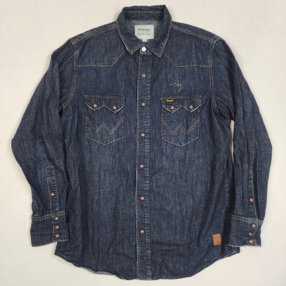 Wrangler Buffalo Trace Revival Shirt Mens Large Blue Denim Western Snap Front